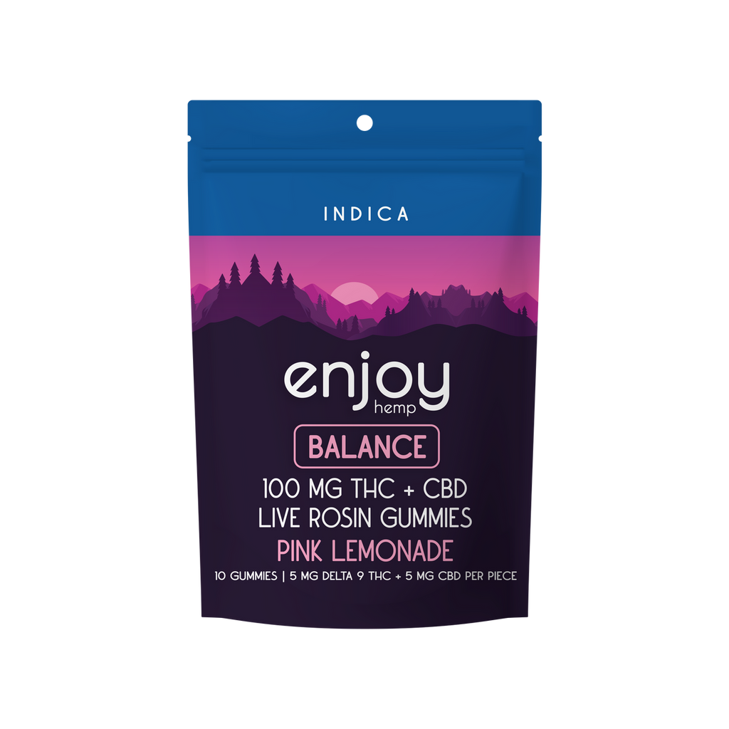 Enjoy Live Rosin Microdose THC:CBD 1:1 ratio Gummies for Balance (Indica-Infused Pink Lemonade) - 5 mg Delta 9 THC + 5 mg of CBD